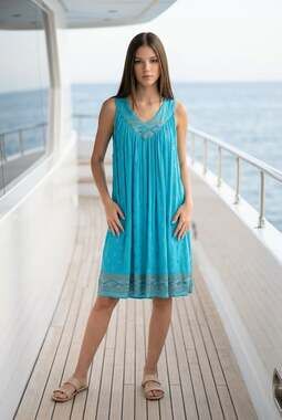 BELMA NEW YORK Turquoise Blue Sleeveless Rayon Boho Gypsy Dress with Silver Sequ